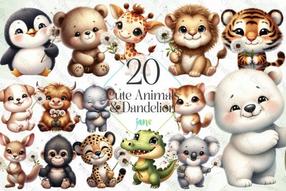 Cute Animals and Dandelion Sublimation Illustration Illustrations Imprimables Par JaneCreative