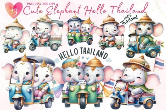 Cute Elephant Hello Thailand Clipart. Graphic Crafts By vilaiporn.cha