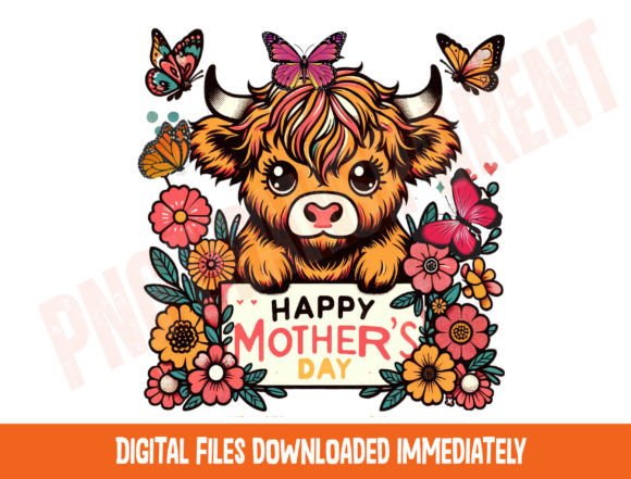 Cute Highland Cow Mother's Day Clipart Graphic T-shirt Designs By DeeNaenon
