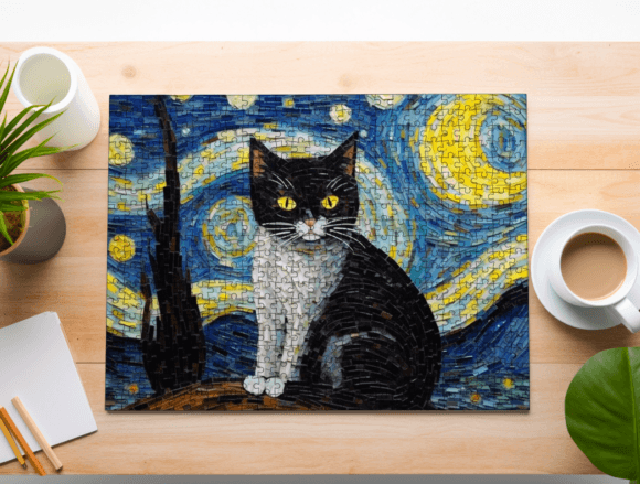 Tuxedo Cat Starry Night Puzzle PNG Grafik Druck-Vorlagen Von LadyAndBuns