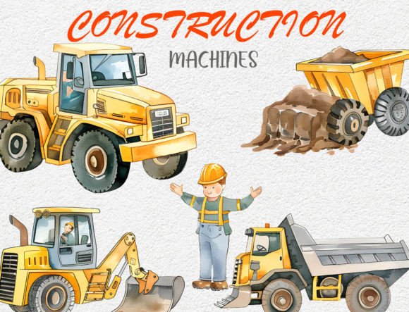 Yellow Construction Machines: Watercolor Grafik Druckbare Illustrationen Von Attraction Artist