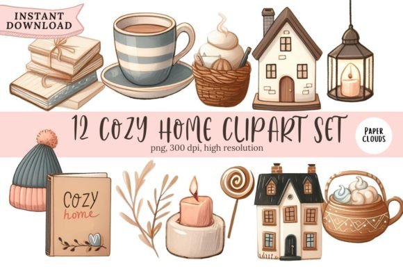 12 Cozy Hygge Hone Elements Clipart Set Graphic Illustrations By Paper Clouds Studio