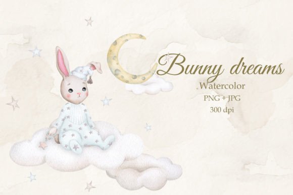 Baby Bunny on a Cloud. Boy. Watercolor. Graphic Illustrations By Watercolor_by_Alyona