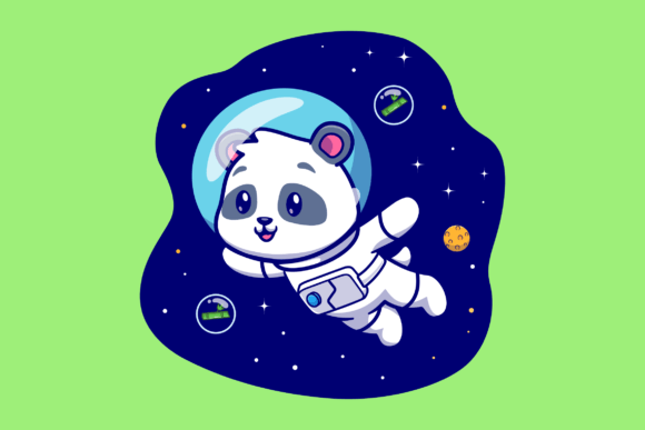 Cute Panda Astronaut Floating in Space Grafik Druckbare Illustrationen Von catalyststuff