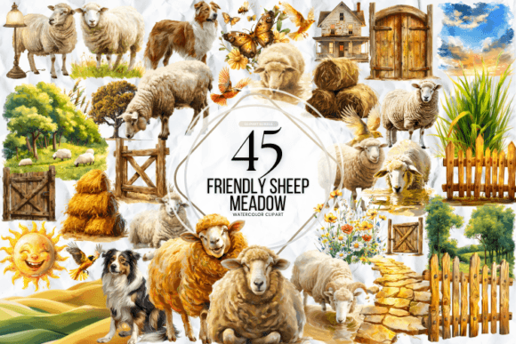 Friendly Sheep Meadow Clipart Grafika Ilustracje do Druku Przez Markicha Art