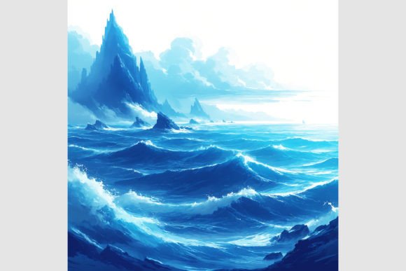 Mountain, Sea Waves and Clouds Gráfico Ilustraciones IA Por alsstocks450