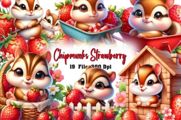 Cute Chipmunks Strawberry Clipart Gráfico Ilustrações para Impressão Por Dreamshop