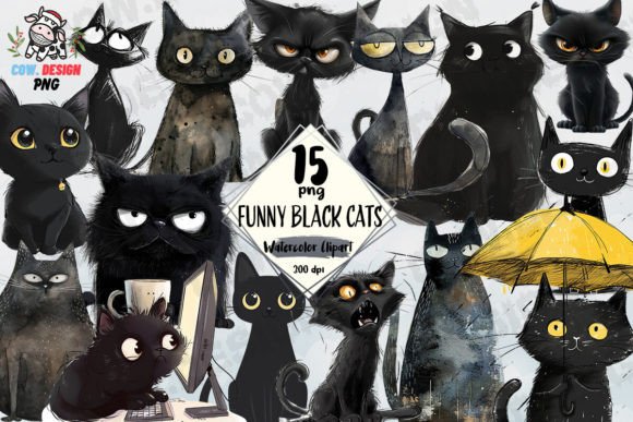 Funny Black Cats Sublimation Clipart PNG Graphic Illustrations By COW.design