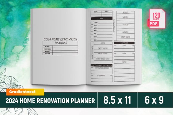 (KDP) 2024 Home Renovation Planner Canva Graphic KDP Interiors By gradientvect