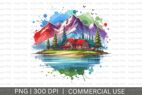 Watercolor Lake Cabin Mountains PNG Grafik Plotterdateien Von angela39503