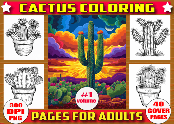 250 Cactus Coloring Pages for Adults V01 Gráfico Desenhos e livros de colorir para adultos Por Craft Design