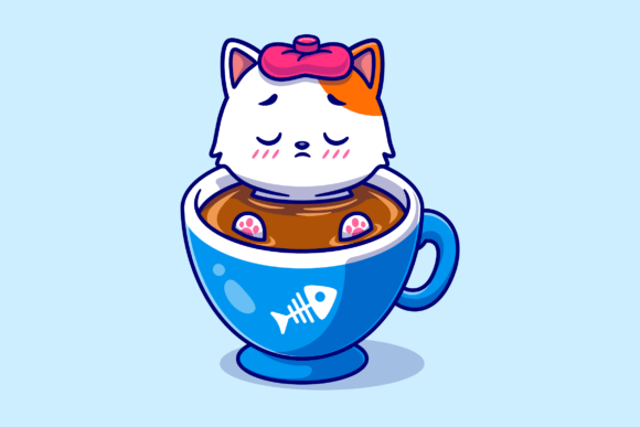 Cute Cat Fever in Coffee Cartoon Graphic Illustrations By catalyststuff