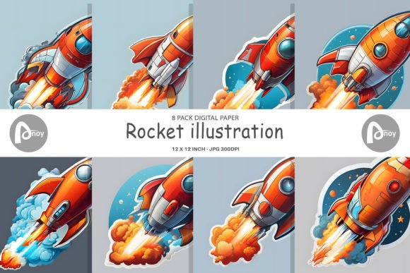 Digital Paper Rocket Illustration Gráfico Ilustrações para Impressão Por Artnoy