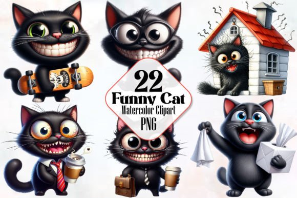 Funny Black Cats Clipart - Crazy Cat Png Gráfico Ilustrações para Impressão Por RobertsArt