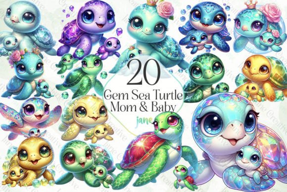 Gem Sea Turtle Mom and Baby Sublimation Illustration Illustrations Imprimables Par JaneCreative