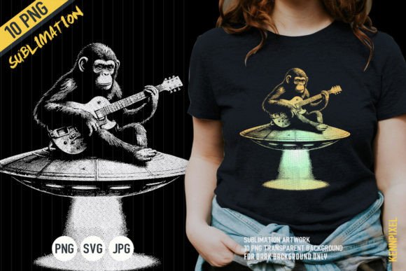 Monkey Sits on UFO Playing Guitar Grafica Design di T-shirt Di kennpixel