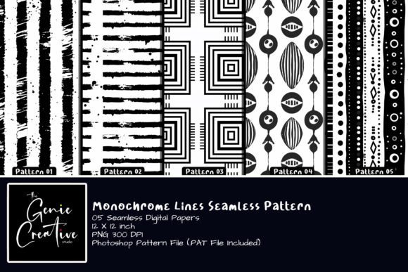 Monochrome Lines Seamless Patterns Set Graphic Patterns By thegeniecreativestudio