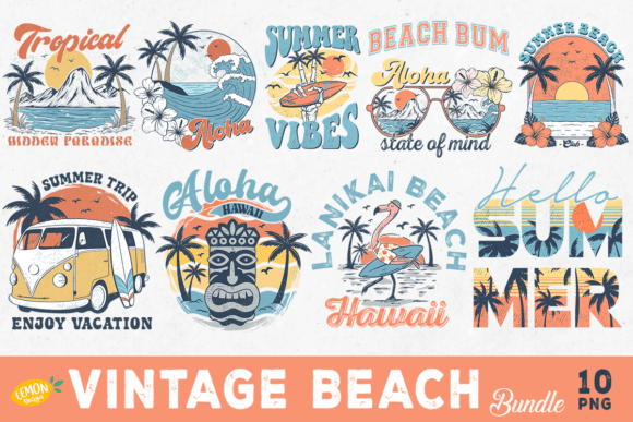 Vintage Beach PNG Sublimation Bundle Graphic Crafts By Lemon.design