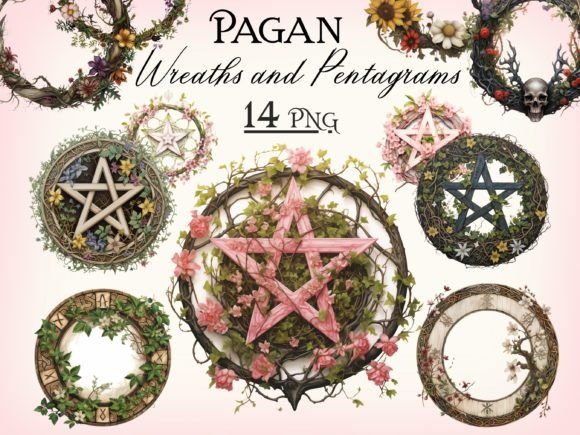 Pagan Wreath & Pentagram PNG Bundle Illustration Illustrations AI Par FantasyDreamWorld
