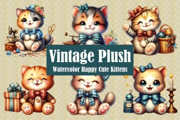 Vintage Plush Happy Kittens Collection Gráfico Ilustraciones Imprimibles Por SiddKidd Studio