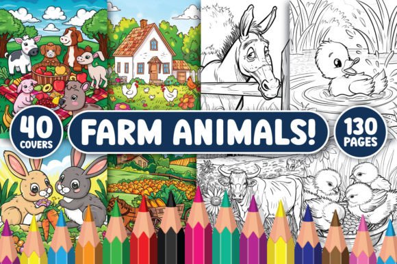 130 Farm Animals Coloring Pages Gráfico Desenhos e livros para colorir para crianças Por BrightMart