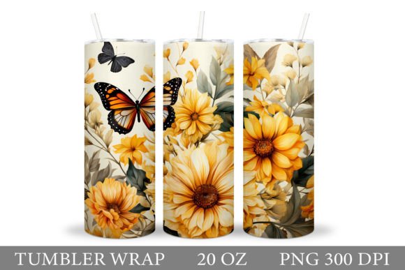 Butterflies Tumbler. Flowers Tumbler Gráfico Ilustrações para Impressão Por shishkovaiv