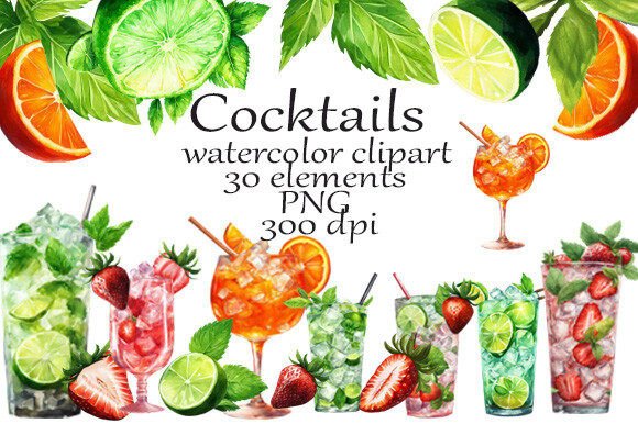 Cocktails Watercolor Clipart PNG Grafika Ilustracje do Druku Przez WatercolorViktoriya