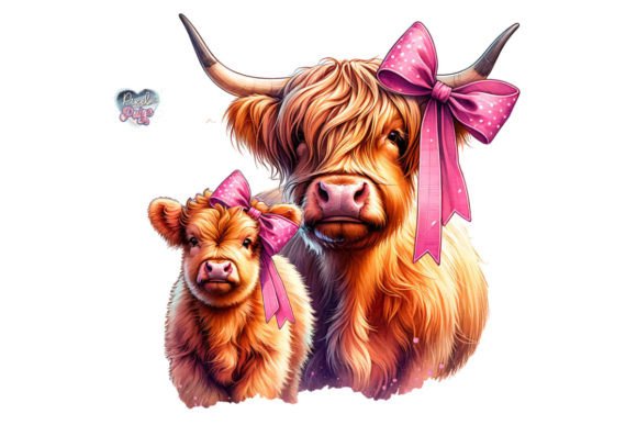 Highland Cow and Calf Pink Coquette PNG Graphic Print Templates By Pixel Paige Studio