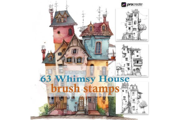 Whimsy House, 63 Procreate Stamps, Brush Graphic AI Coloring Pages By feelartfeelant