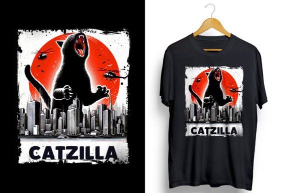 Catzilla Funny Kitten and Cat Illustration Designs de T-shirts Par ORMCreative