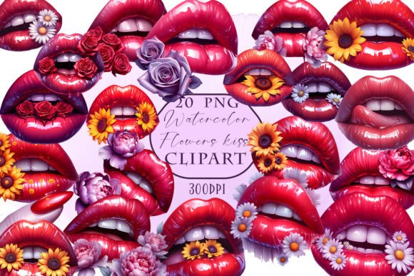 Red and Pink Lips Flowers Clipart Bundle Gráfico Ilustraciones Imprimibles Por ElenaZlataArt