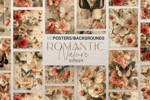 Romantic Nature Flowers and Butterflies Graphic Backgrounds By curvedesign