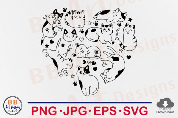 Cat Svg Heart Hand Drawn Doodle Cats Mom Grafica Design di T-shirt Di BB Art Designs