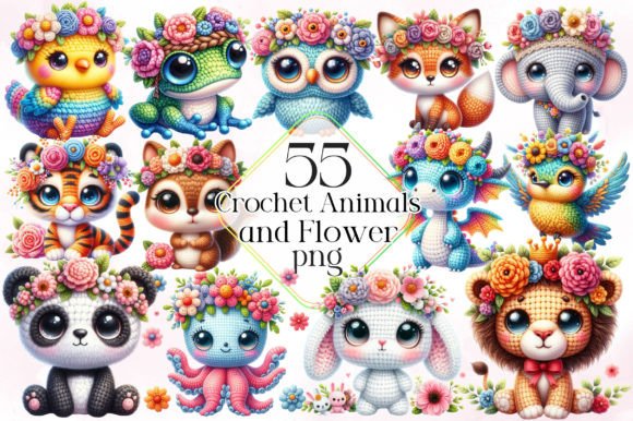 Crochet Animals and Flower Sublimation Grafika Ilustracje do Druku Przez LiustoreCraft