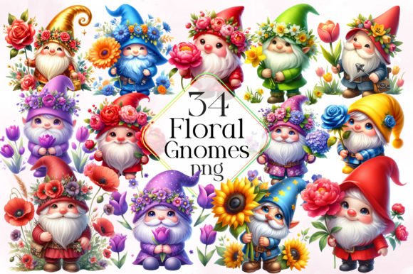 Floral Gnomes Sublimation Clipart PNG Gráfico Ilustraciones Imprimibles Por LiustoreCraft