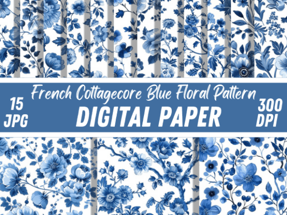 French Cottagecore Blue Floral Patterns Grafik Papier-Muster Von Creative River