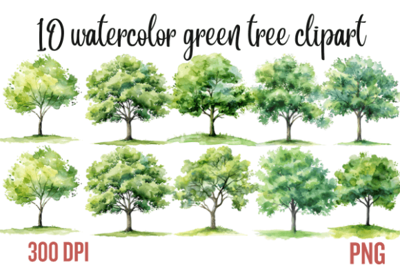 Watercolor Green Tree PNG Clipart Bundle Graphic Illustrations By Creative Flow