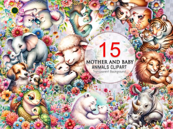 Cute Mother and Baby Animals Clipart Grafik KI Transparente PNGs Von MICON DESIGNS