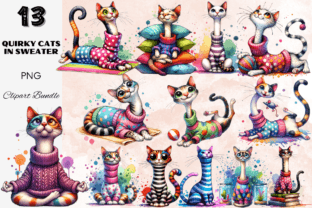 Quirky Funny Crazy Cats in Sweaters Set Graphic Illustrations By Painting Pixel Studio 1