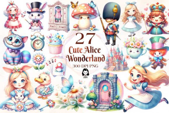 Set of Alice Wonderland Clipart Bundle Graphic Illustrations By Cat Lady