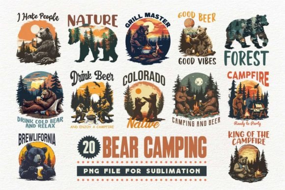 Summer Bear Camping Sublimation Bundle Illustration Designs de T-shirts Par Universtock
