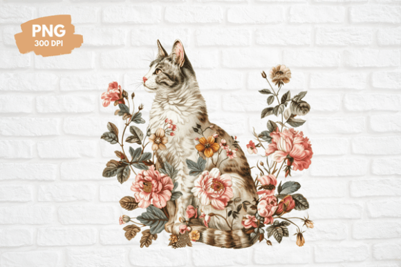 Vintage Floral Cat Graphic T-shirt Designs By Sabuydee Design