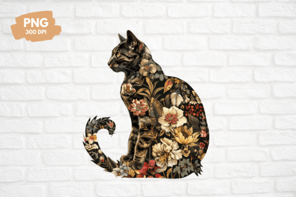 Vintage Floral Cat Graphic T-shirt Designs By Sabuydee Design