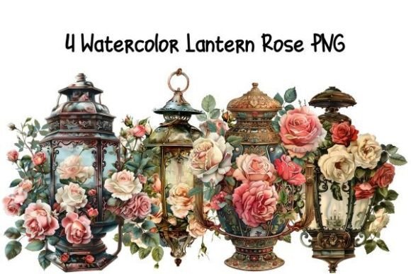 Watercolor Lantern Roses Clipart Gráfico Ilustraciones Imprimibles Por KIDZ CLOUDS MOCKUP