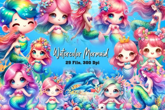 Watercolor Mermaids Clipart Mermaid Png Grafica Illustrazioni Stampabili Di Dreamshop