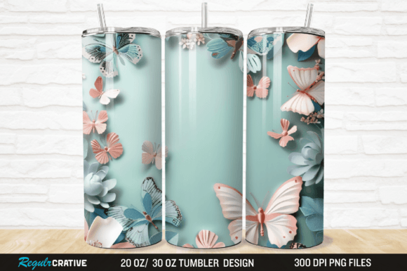 3D Floral Butterflies Botanical Tumbler Gráfico Ilustrações para Impressão Por Regulrcrative