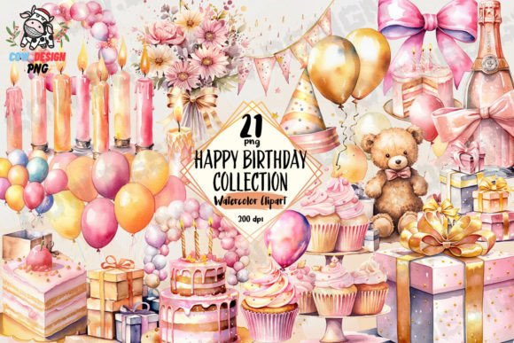Happy Birthday Collection Watercolor Graphic Illustrations By COW.design