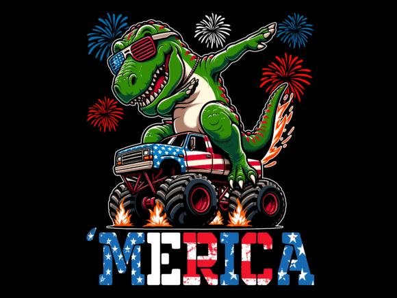 Merica T Rex Riding Monster Truck Vector Graphic T-shirt Designs By Trendy Creative