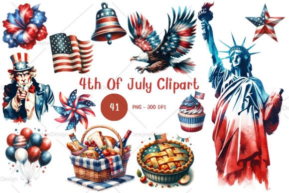 Watercolor 4th of July Clipart Graphic Illustration Illustrations Imprimables Par JewjewDesign