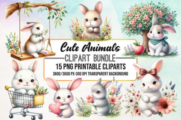 Watercolor Cute Bunny Clipart Bundle Afbeelding Afdrukbare Illustraties Door PinkDigitalArt